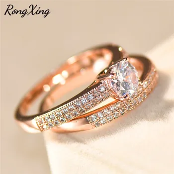 RongXing Rose Gold Filled Vestuvinis Žiedas Rinkinys Moterims, Sidabro Spalva Balta AAA Cirkonis Žiedai, Dvigubas Pora Vestuvių Papuošalai