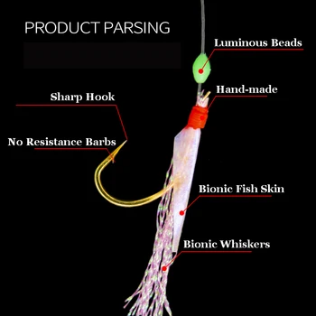 LEDIAO 5 Paketų Žvejybos String Kabliukai Bionic Žuvų Odos Skumbrės Plunksnos Anglies Plieno Kablys Šviesos Pupelės 6 Vnt Masalas Kablys Spręsti