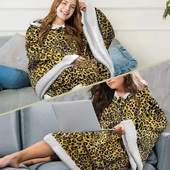 Rudenį ir žiemą gobtuvu antklodė apsiaustu leopardas spausdinti dvipusis flanelė dvigubos kišenės, minkštas pliušinis žiūrėti TV apsiaustu skara