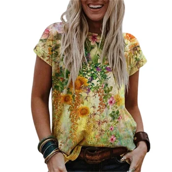 2021 Vasaros 3D Spausdinimo Gėlių T-shirt Moterims, Atsitiktinis O-Kaklo trumpomis Rankovėmis Viršūnes Mados Abstrakčiai Ponios Gatvės Plius Dydis Tshirts Mergaitės