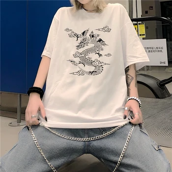 Medvilnės Dragon femme drabužių streetwear Hip-hop moterų marškinėliai korėjos stiliaus Harajuku y2k viršūnes nuleisti gotikos Negabaritinių grafinis tee