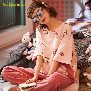 Naujas Įgulos Kaklo Loungewear Moterims Moteriški Naktiniai Marškiniai, Pižamos Homeclothes Pižama Nustatyti Animacinių Filmų Spausdinimo Trumpas Rankovės Ilgos Kelnės Homesuit Pj Rinkinys