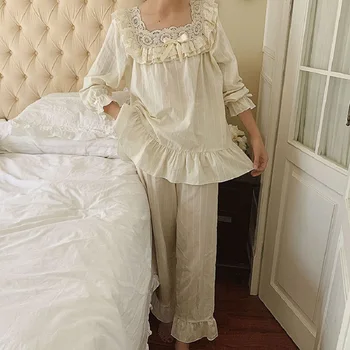 Derliaus Siuvinėjimo Moterų Pižama Rinkiniai Saldus Moterų Balta Patogus Minkštas Medvilnės Pižamos ilgomis Rankovėmis Sleepwear Kostiumai