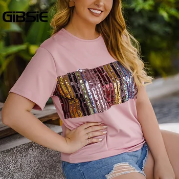GIBSIE Plius Dydis Highstreet Moterų Blizgučiais T-Shirt 2020 Metų Vasaros Naują Moterų Apvalios Kaklo trumpomis Rankovėmis Atsitiktinis Marškinėlius Viršūnes Drabužiai