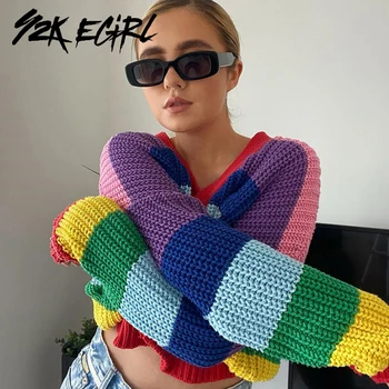 Y2K EGIRL Harajuku Single-breasted Vaivorykštė susagstomi megztiniai Derliaus 90s Streetwear Negabaritinių V-kaklo, ilgomis Rankovėmis Dryžuotas Megztiniai Pasėlių