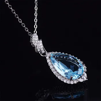 Prabangus didelis akvamarinas brangakmenių, deimantų karoliai Pakabukas moterų mėlyna kristalų Balto aukso spalvos choker grandinės juvelyrikos bijoux