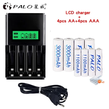 PALO 4pcs nimh įkraunamos AAA baterijos+4pcs aa įkraunamos baterijos+1.2 V AA AAA įkraunama baterija, įkroviklis, LCD smart įkroviklis