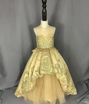 Prabangus Aukso Nėrinių Gėlių Mergaičių Suknelės, Vestuvių Inscenizacija Šalis Gimtadienio Mergaičių Suknelės