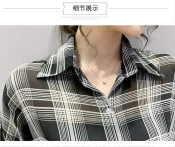 Korėjos Mados Pledas Moterims Palaidinės Raštas Print Long Sleeve Black Marškinėliai Laisvi Moteriški Viršūnes Blusas Femininas Elegante T07008B