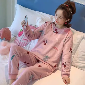 Žiemos Pižama Nustatyti Moterų Sleepwear Šiltas Flanelė Ilgomis Rankovėmis Rožinė Mielas Animacinių Filmų Homewear Storos Namo Kostiumas Mergaitėms