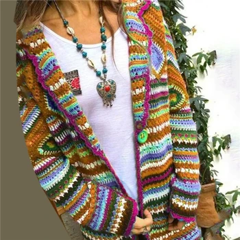 Rudenį Džemperis Moterims Ilgomis Rankovėmis Kratinys Megzti Atviras Priekis Rainbow Dryžuotas Megztinis Moterims Kailis Sueter Mujer Invierno