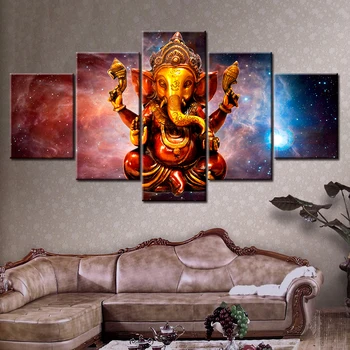 5 vnt Induizmo Dievas Ganeša su Kosminės planetos drobė nuotraukas HD atspausdintas sienos Meno kambarį dekoro plakatai lašas laivybos