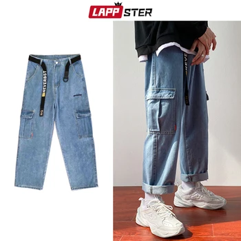 LAPPSTER korėjos Vyrų Harajuku Didelių Kišenių Džinsai, Kelnės 2020 Negabaritinių Mens Streetwear Baggy Jeans Porą Hip-Hop Mėlyna Džinsinio audinio Kelnės