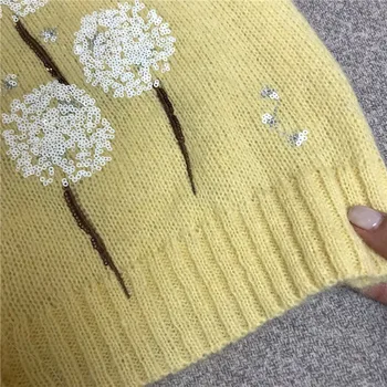 Prabangos Dizaineris Prekės Megzti Megztinis Moterims Vintage V Kaklo Kiaulpienių Blizgučiais Siuvinėjimo Purus Megzti susagstomi megztiniai Megztinis